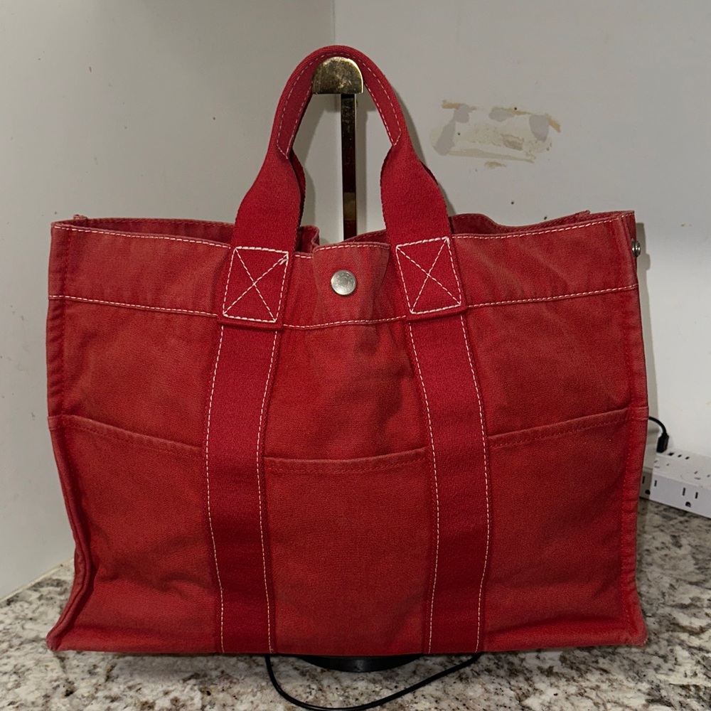 Hermes Red Canvas Tote Bag